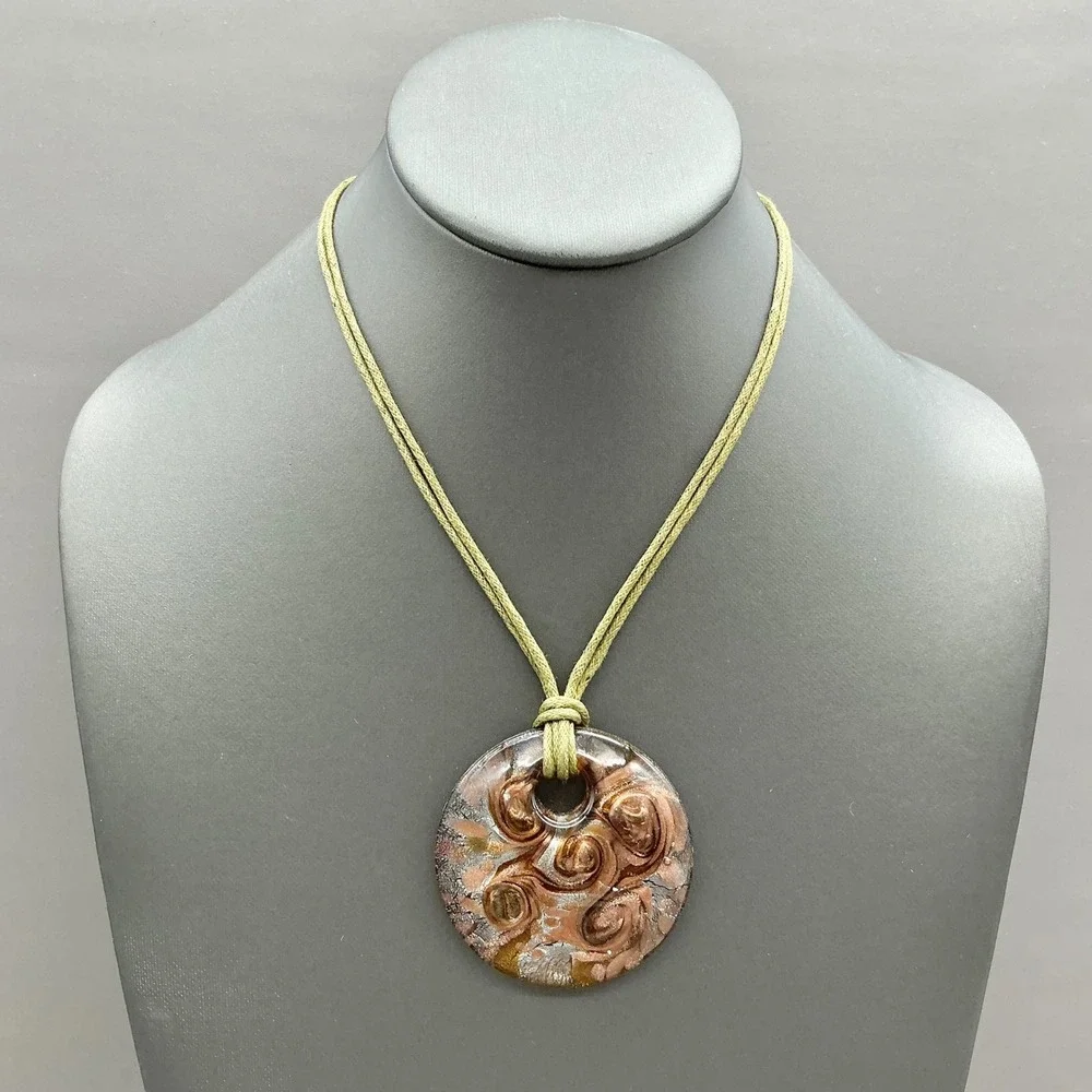 Murano Style Glass Pendant Necklace Women Gold Copper Swirl Green Cord Jewelry